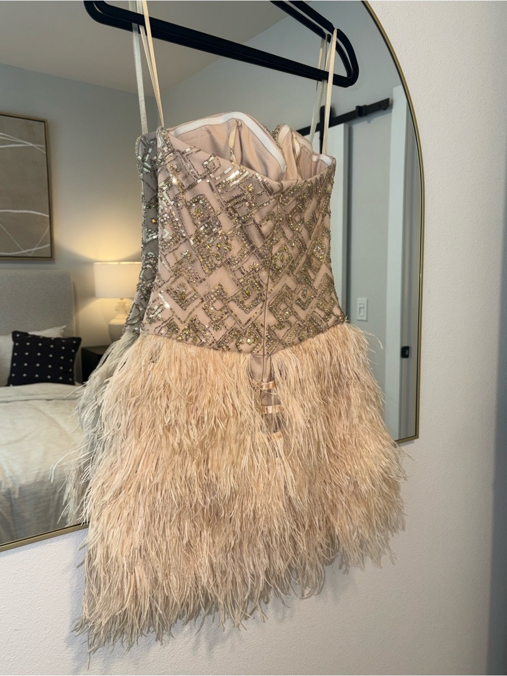 Source Unknown Blush Sequin Embellished Strapless Feather Mini Dress - Picture 7 of 16